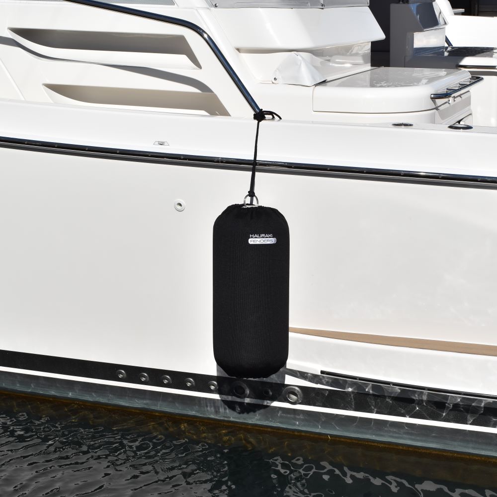 Hauraki Knitted Polyester Fender Covers -  Tubular black fender covers with drawstring for inflatable boat fenders