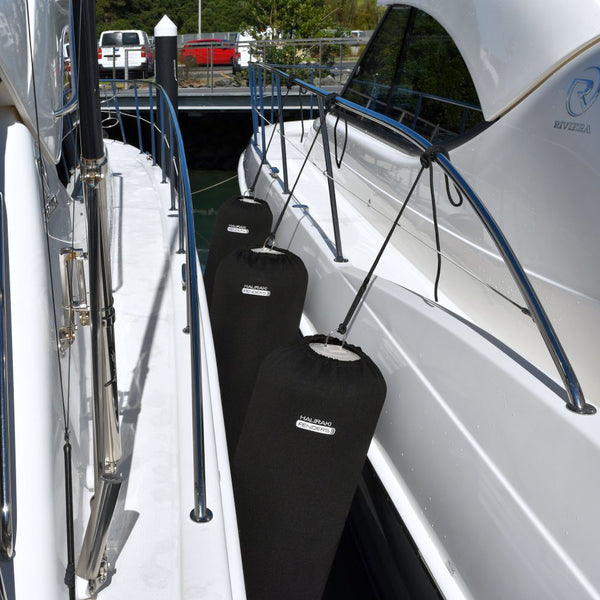 Hauraki Knitted Polyester Fender Covers -  Tubular black fender covers with drawstring for inflatable boat fenders
